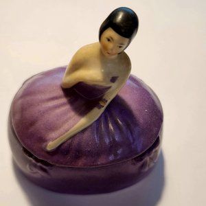 VINTAGE GERMAN PORCELAIN LADY IN PURPLE POWDER/TRINKET BOX